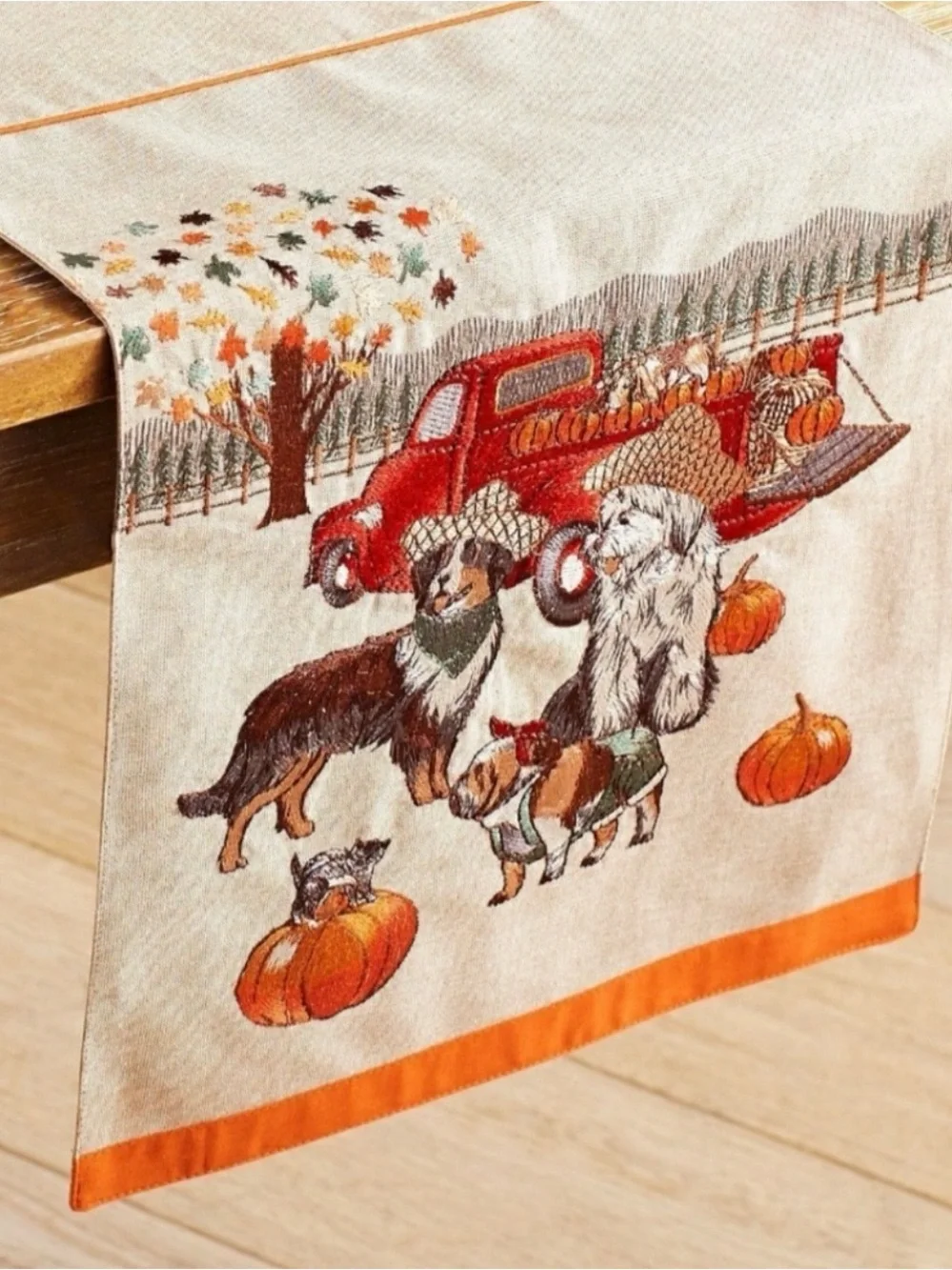 Pier 1 Imports Embroidered Dogs Fall Autumn Halloween Table Runner 13”x72
